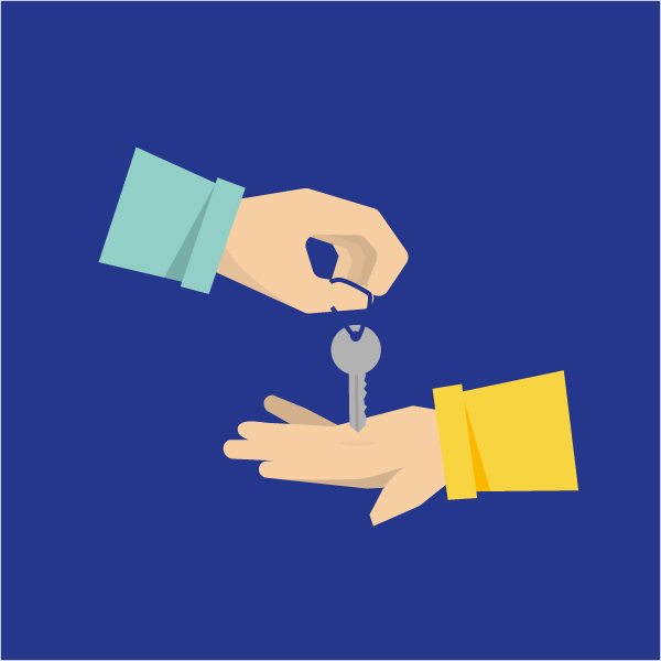 Illustration zweier Hände. Die obere, mit blauer Kleidung hält einen Schlüssel. Die andere Hand mit gelber Kleidung hält sich offen unter dem Schlüssel. Illustration zweier Hände. Die obere, mit blauer Kleidung hält einen Schlüssel. Die andere Hand mit gelber Kleidung hält sich offen unter dem Schlüssel.