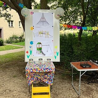 Ein Tisch auf dem für drei Spielplatz-Entwürfe abgestimmt werden kann.