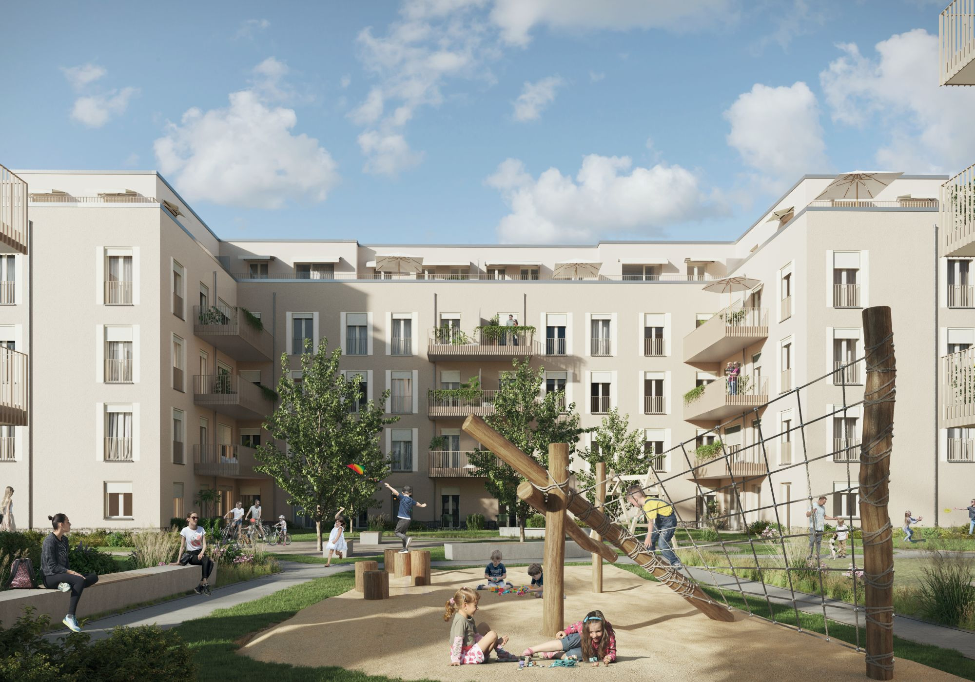 Moderner weißer Wohnblock mit Spielplatz im Vordergrund. Kinder spielen, Erwachsene sitzen auf Bänken und beobachten.