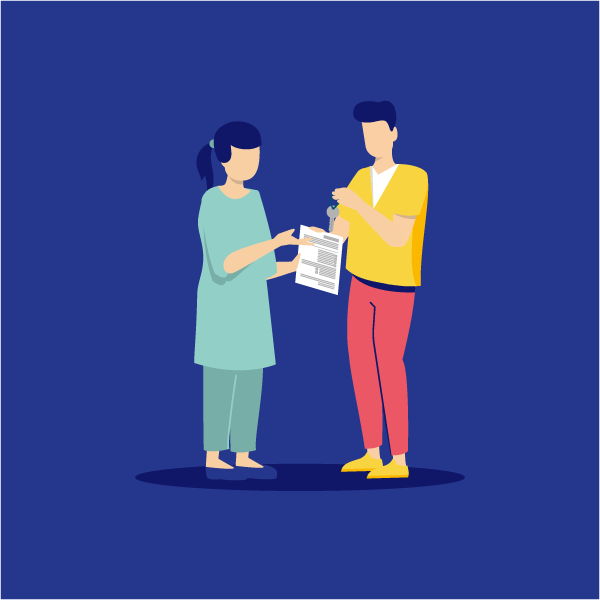 Einfache Illustration zweier Personen mit einem Mietvertrag und einem Schlüssel.