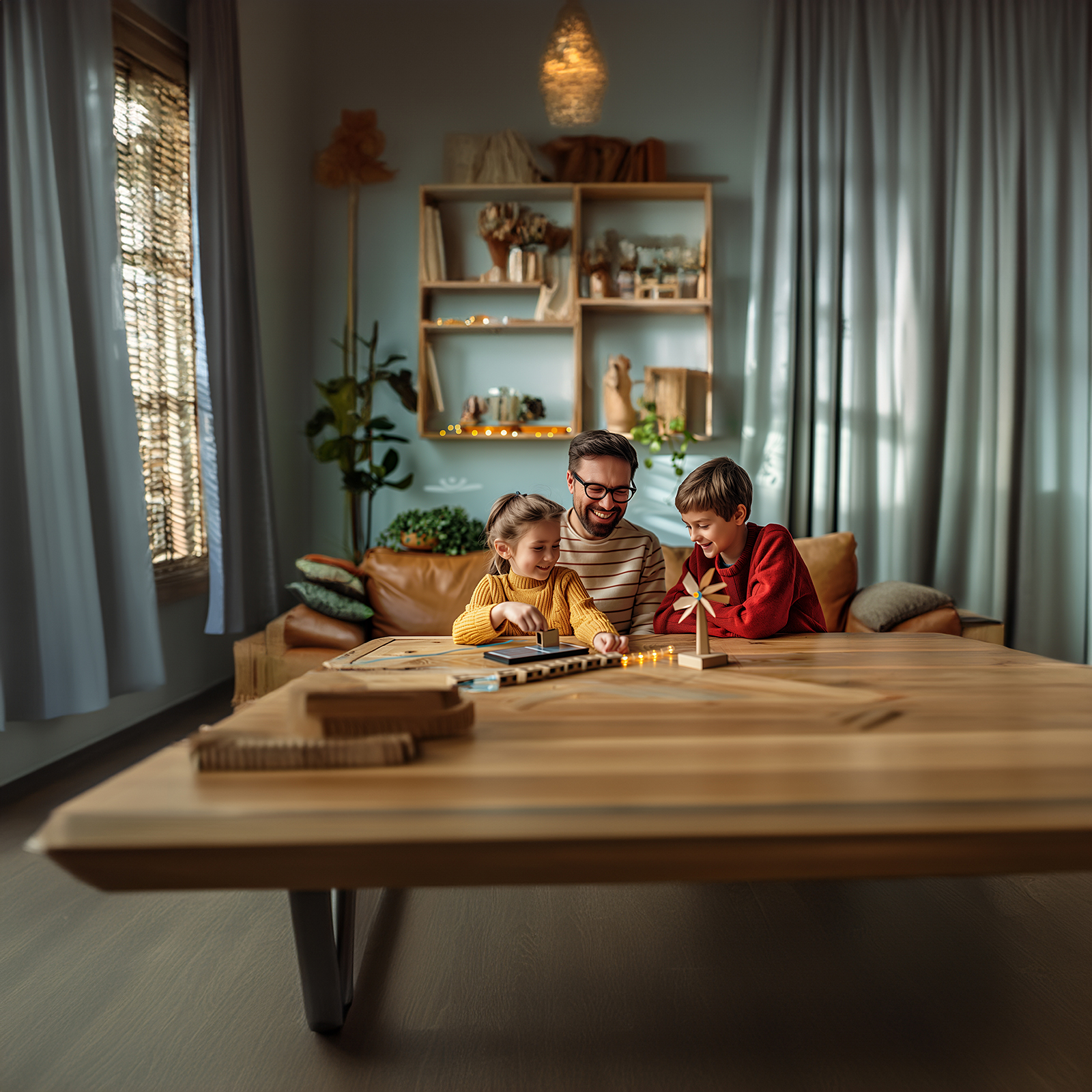 Ein Mann sitzt mit zwei Kindern am Tisch und spielen mit einem Spielzeug-Windrad.