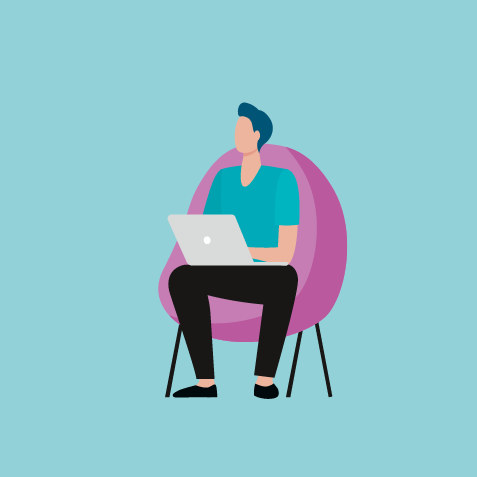 Illustration: Person sitzt auf Stuhl und arbeitet an Laptop, blauer Hintergrund.